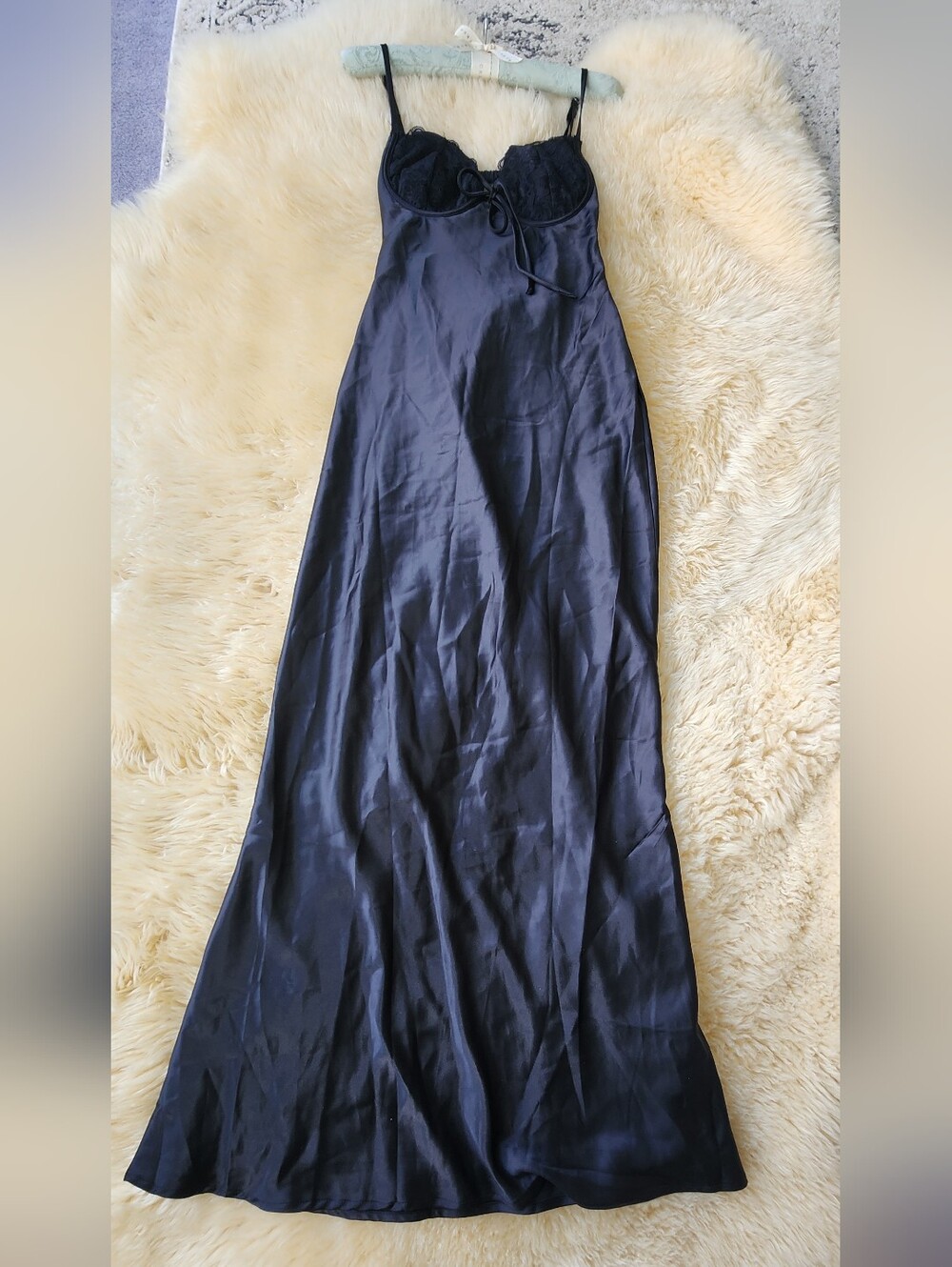 Princess Polly Black Satin Maxi Slip Dress with Lace Bodice